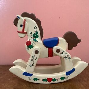 Vintage Hand Painted Metal  Rocking Horse Christmas Decor 12” Heavy Figurine